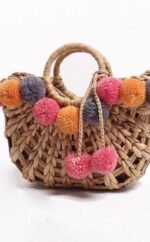Luna Pom Pom Straw Basket Bag - Image 4