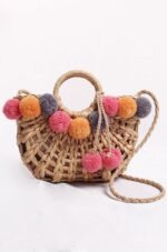 Luna Pom Pom Straw Basket Bag - Image 2