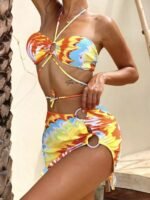 Martha Tie-dye Lace Up Three-piece Bikini Set - Image 7