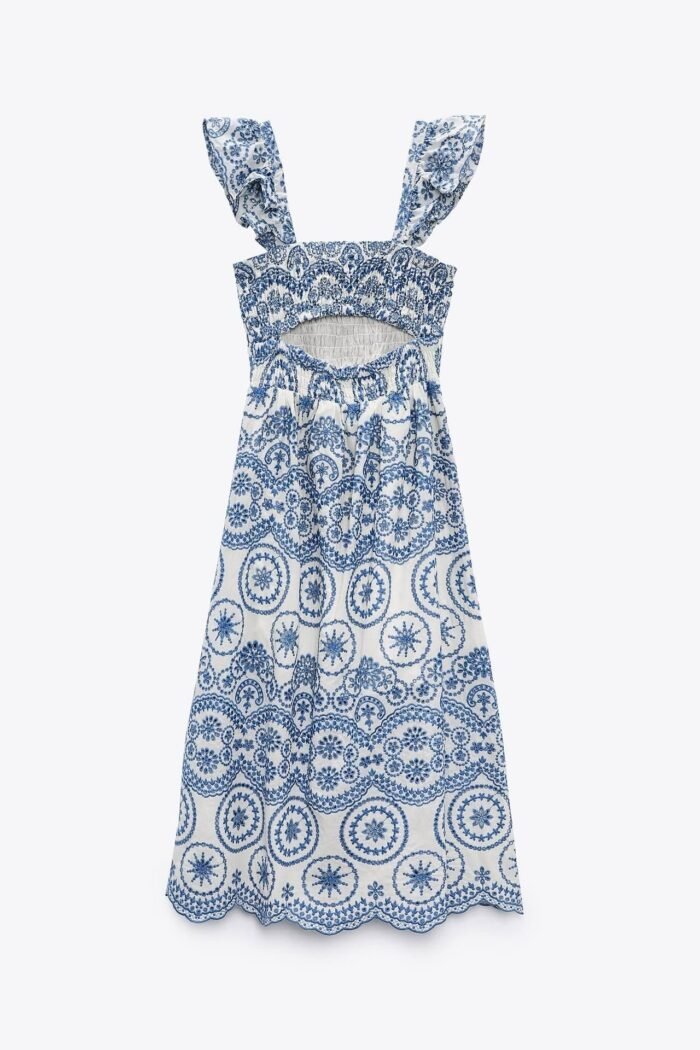Maud Embroidered Lace Shirred Bodice Midi Dress - Image 5