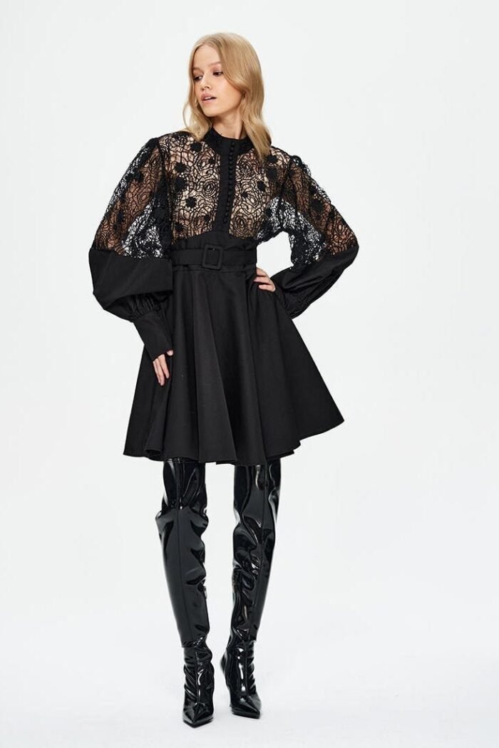 Myra Hollow Embroidered Lace Belted Mini Shirt Dress - Image 2