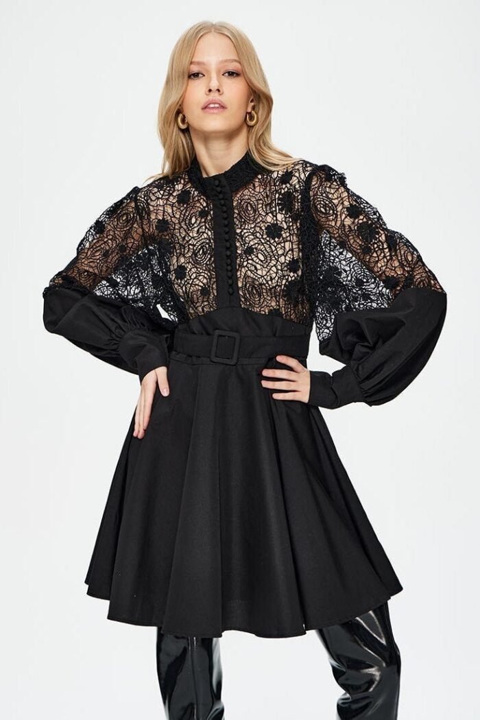 Myra Hollow Embroidered Lace Belted Mini Shirt Dress - Image 1