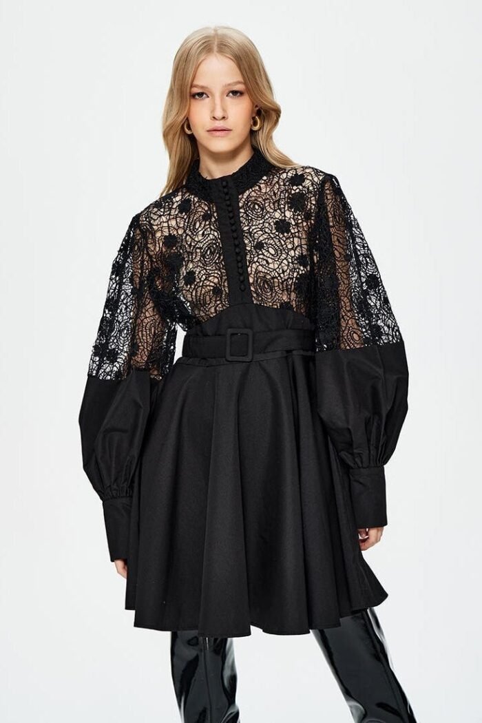 Myra Hollow Embroidered Lace Belted Mini Shirt Dress - Image 3
