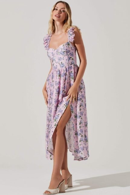 Nita Printed Lace-up Slit Midi Corset Dress