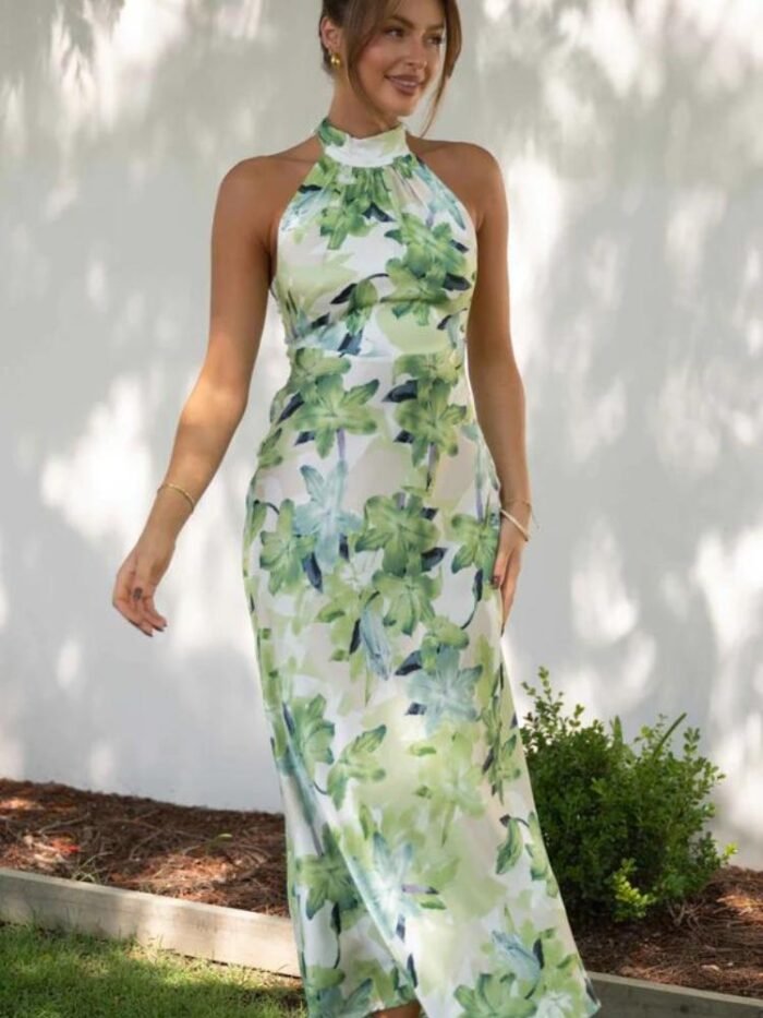 Gill Printed Halterneck Backless Satin Midi Dress - Image 5