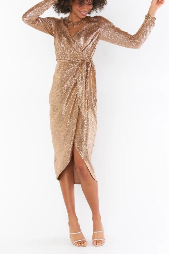 Rebecca V-neck Metallic Midi Wrap Dress - Image 1