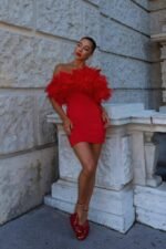 Truda Feather Off-shoulder Mini Dress - Image 2