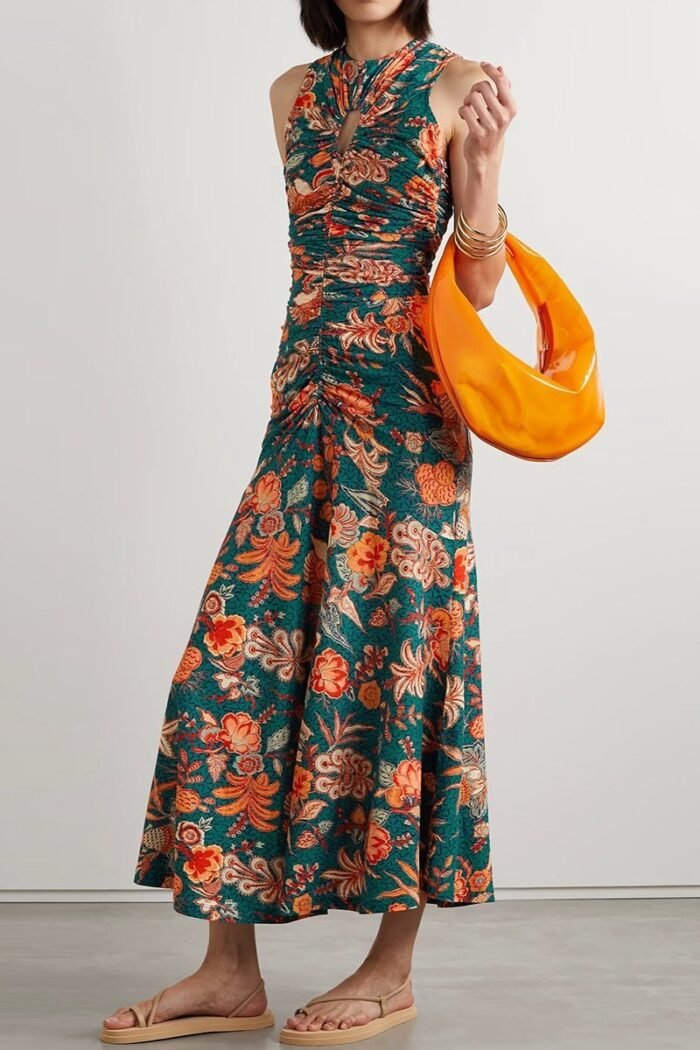 Wayne Printed Shirred Hollow Midi Dress - Image 2