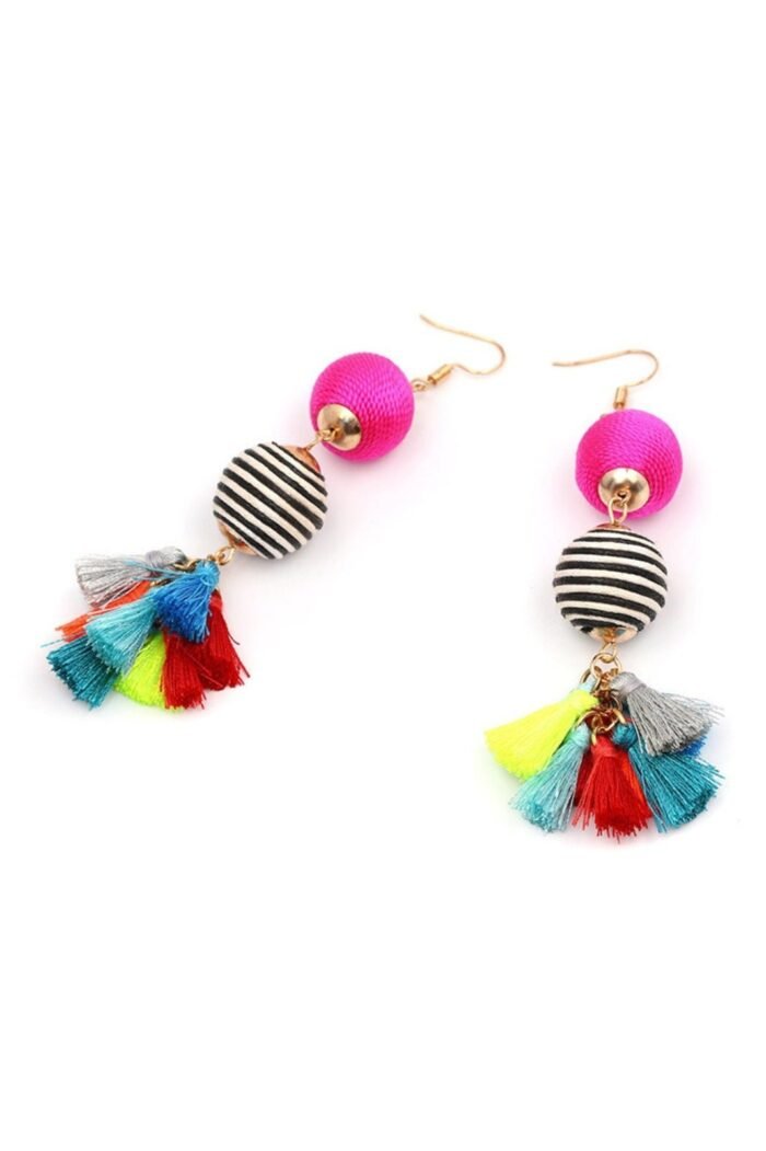 Weave Contrast Ball Tassel Earrings - Image 3