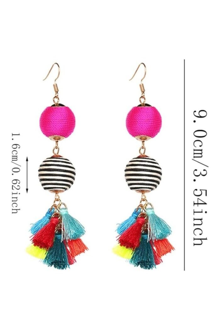 Weave Contrast Ball Tassel Earrings - Image 4